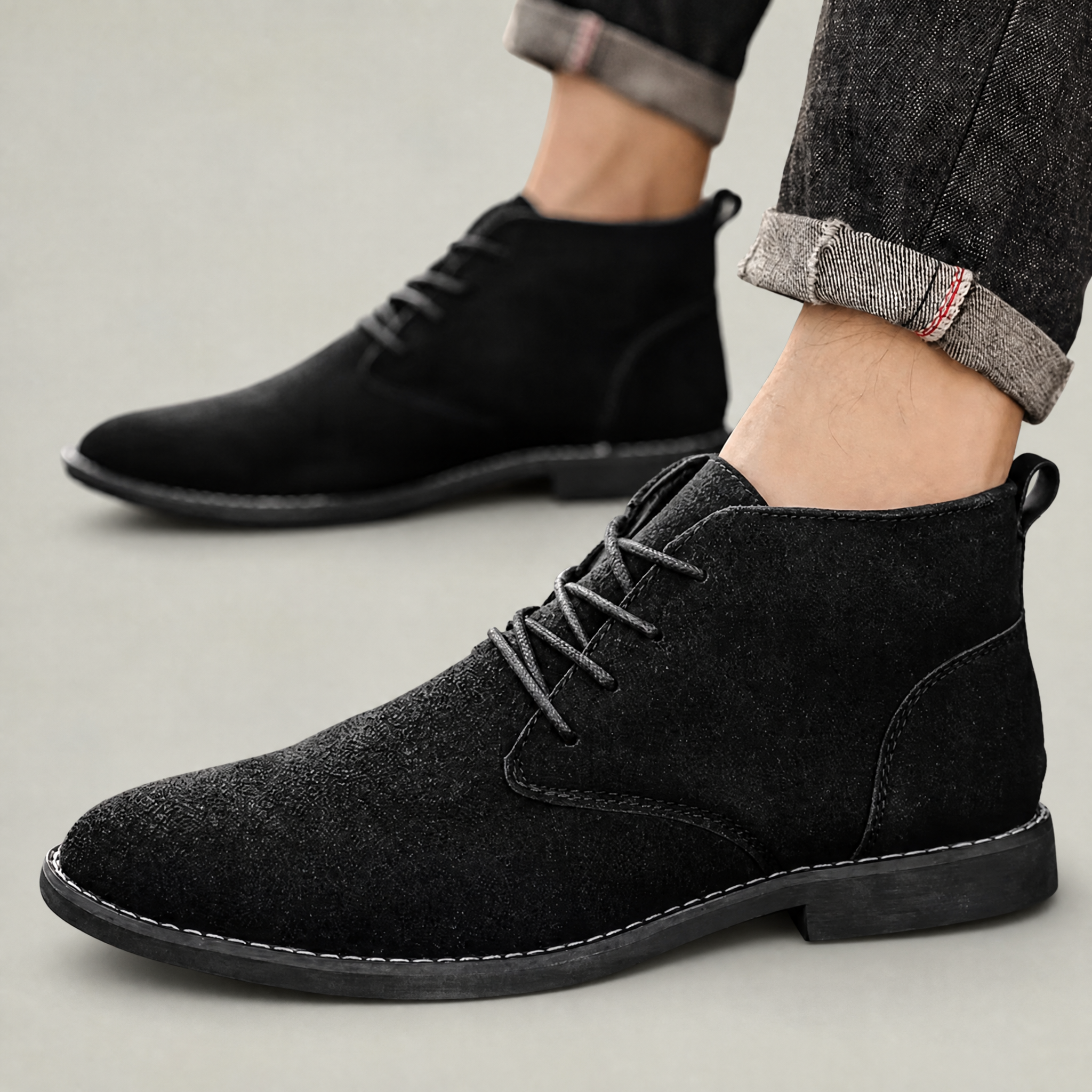 Męskie Zamszowe Buty Chukka – Sznurowane Botki na Wysokim Obcasie