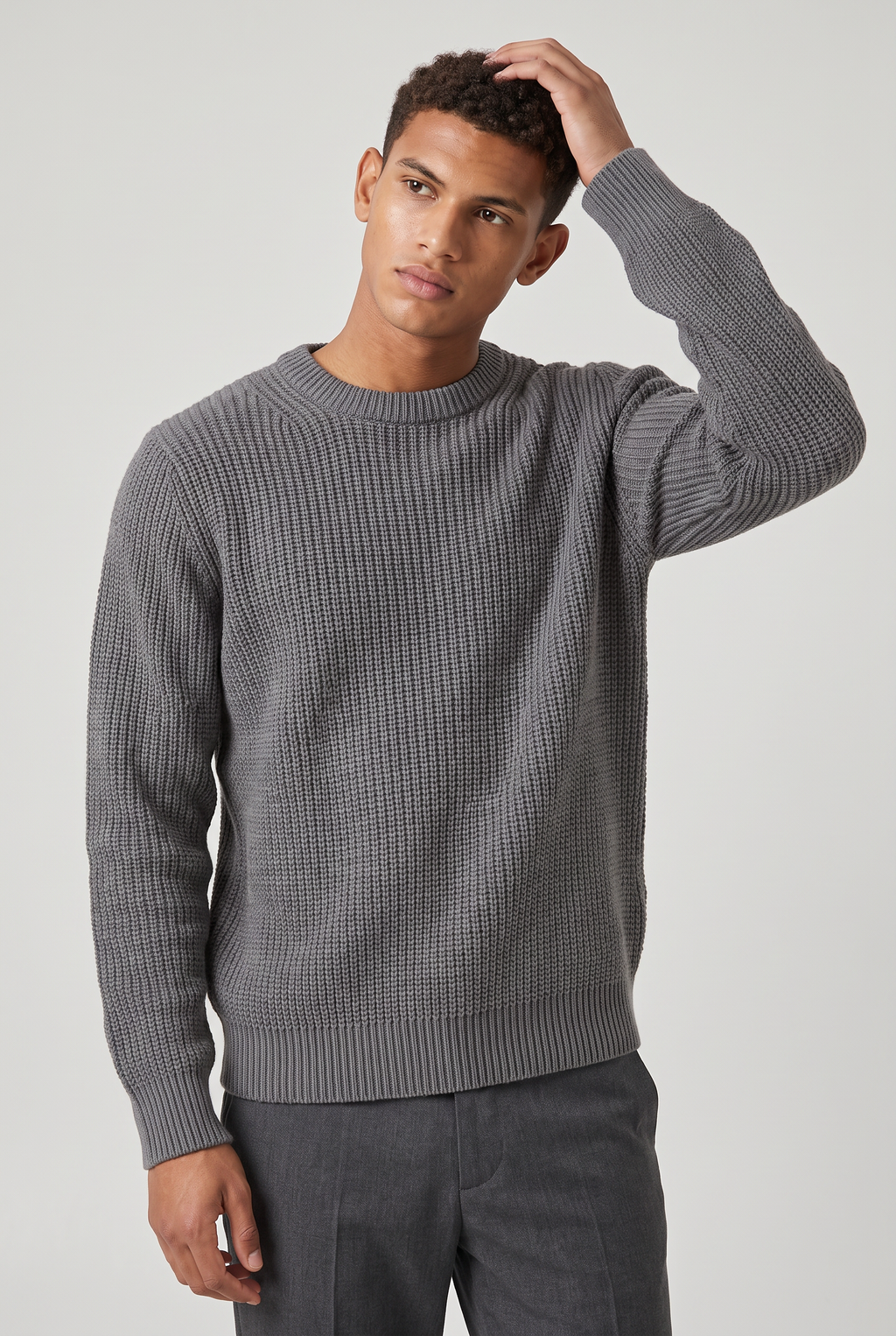 Męski Oversized Sweter z Prążkowanej Dzianiny - Sweter z Okrągłym Dekoltem