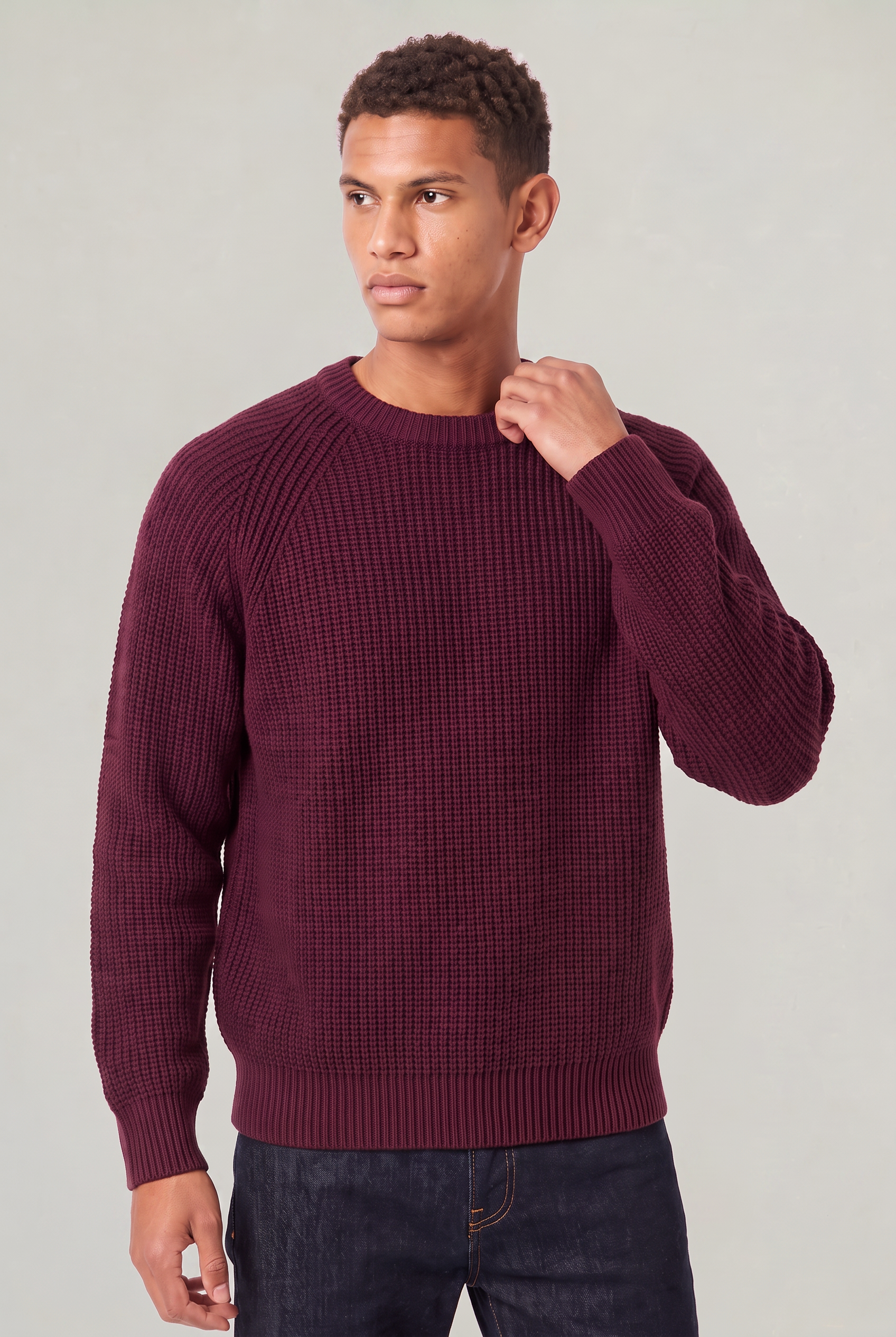 Męski Oversized Sweter z Prążkowanej Dzianiny - Sweter z Okrągłym Dekoltem