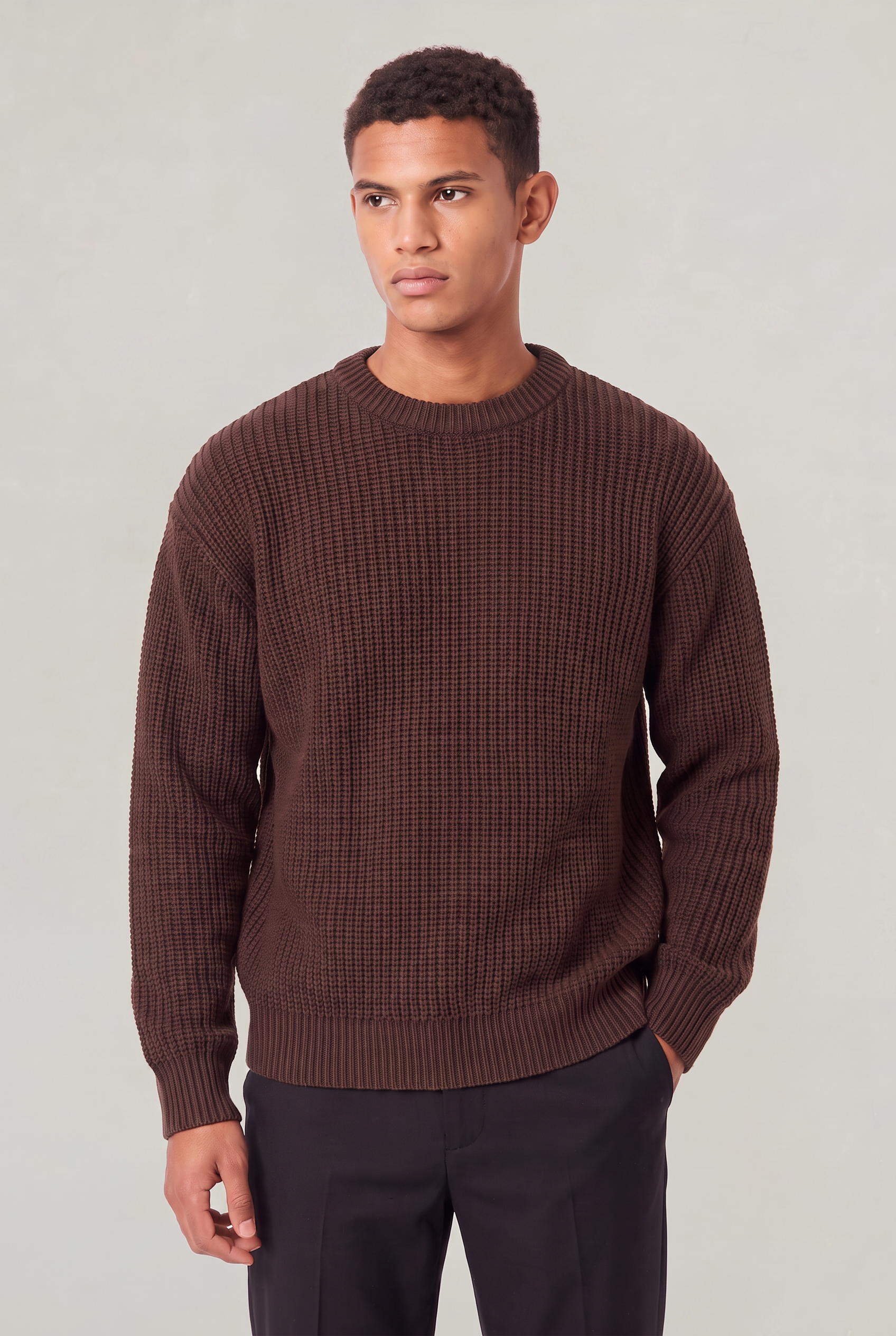 Męski Oversized Sweter z Prążkowanej Dzianiny - Sweter z Okrągłym Dekoltem