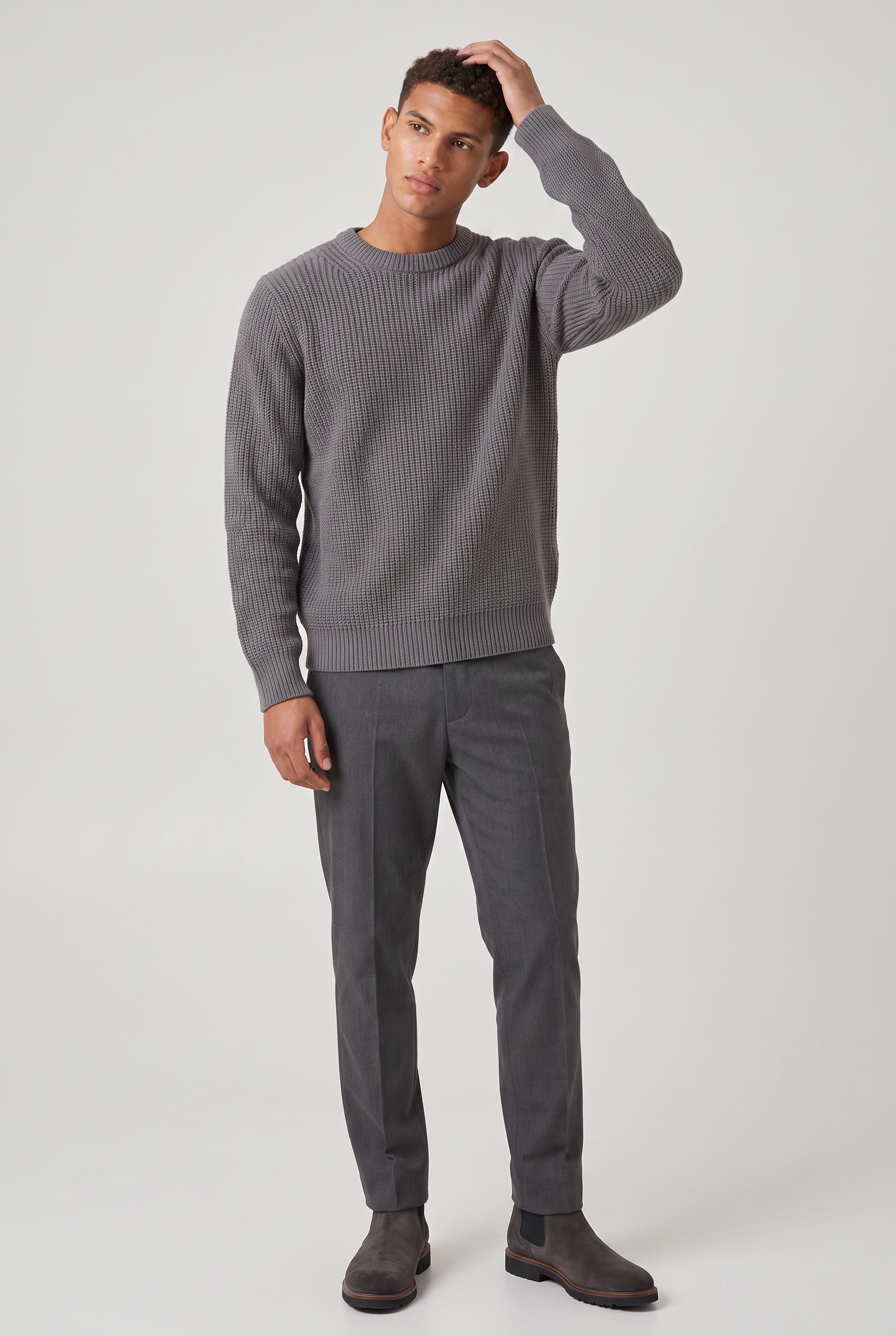 Męski Oversized Sweter z Prążkowanej Dzianiny - Sweter z Okrągłym Dekoltem