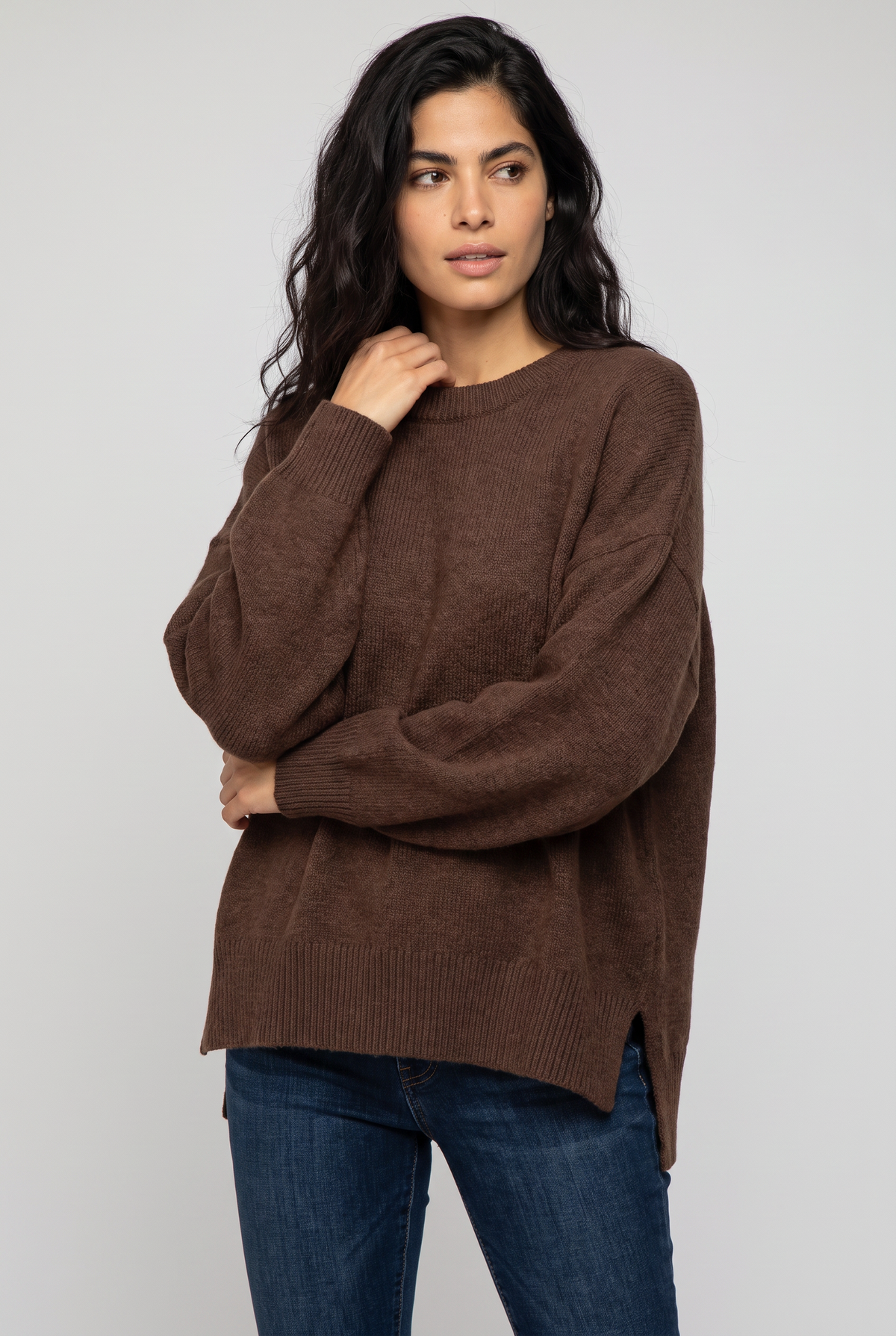 Damski Oversized Sweter Dziany – Sweter z Okrągłym Dekoltem i Opadającymi Ramionami