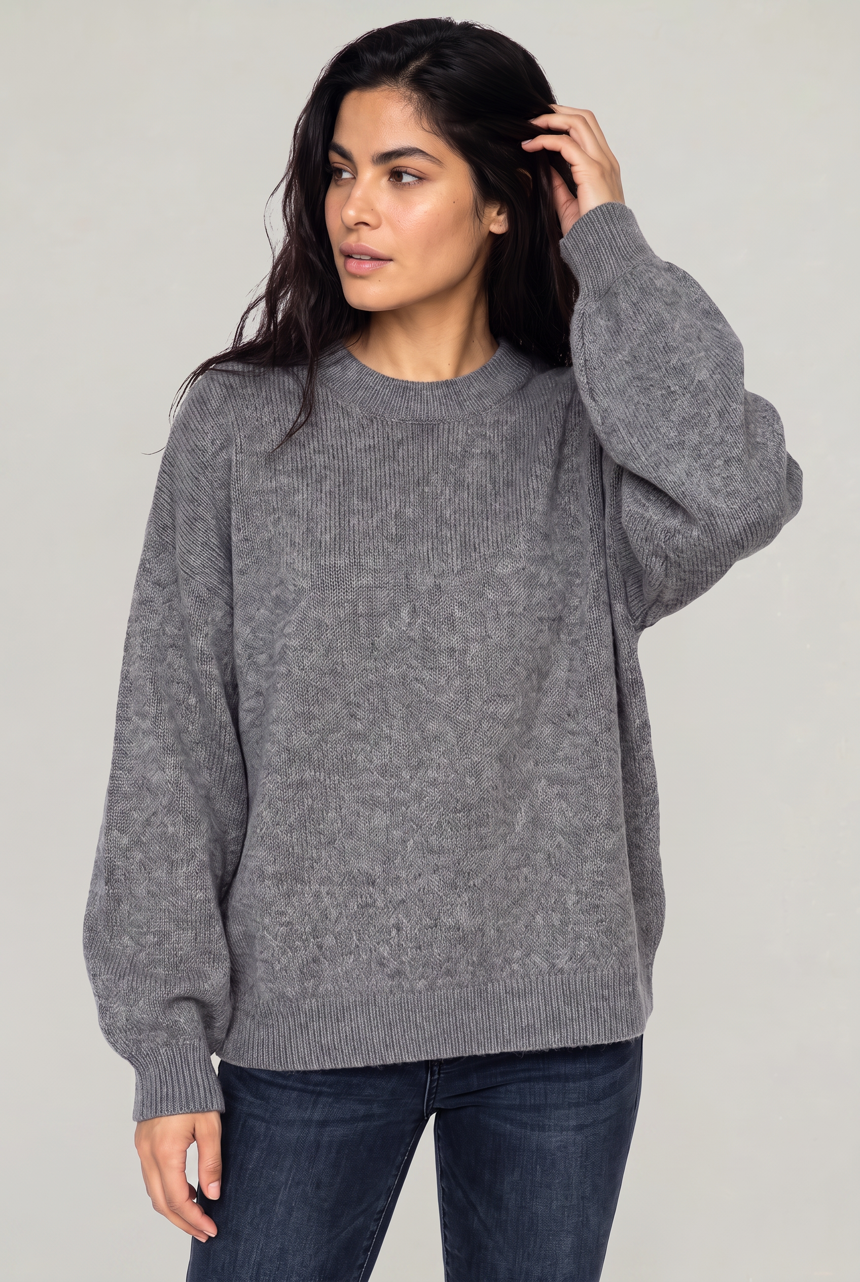 Damski Oversized Sweter Dziany – Sweter z Okrągłym Dekoltem i Opadającymi Ramionami