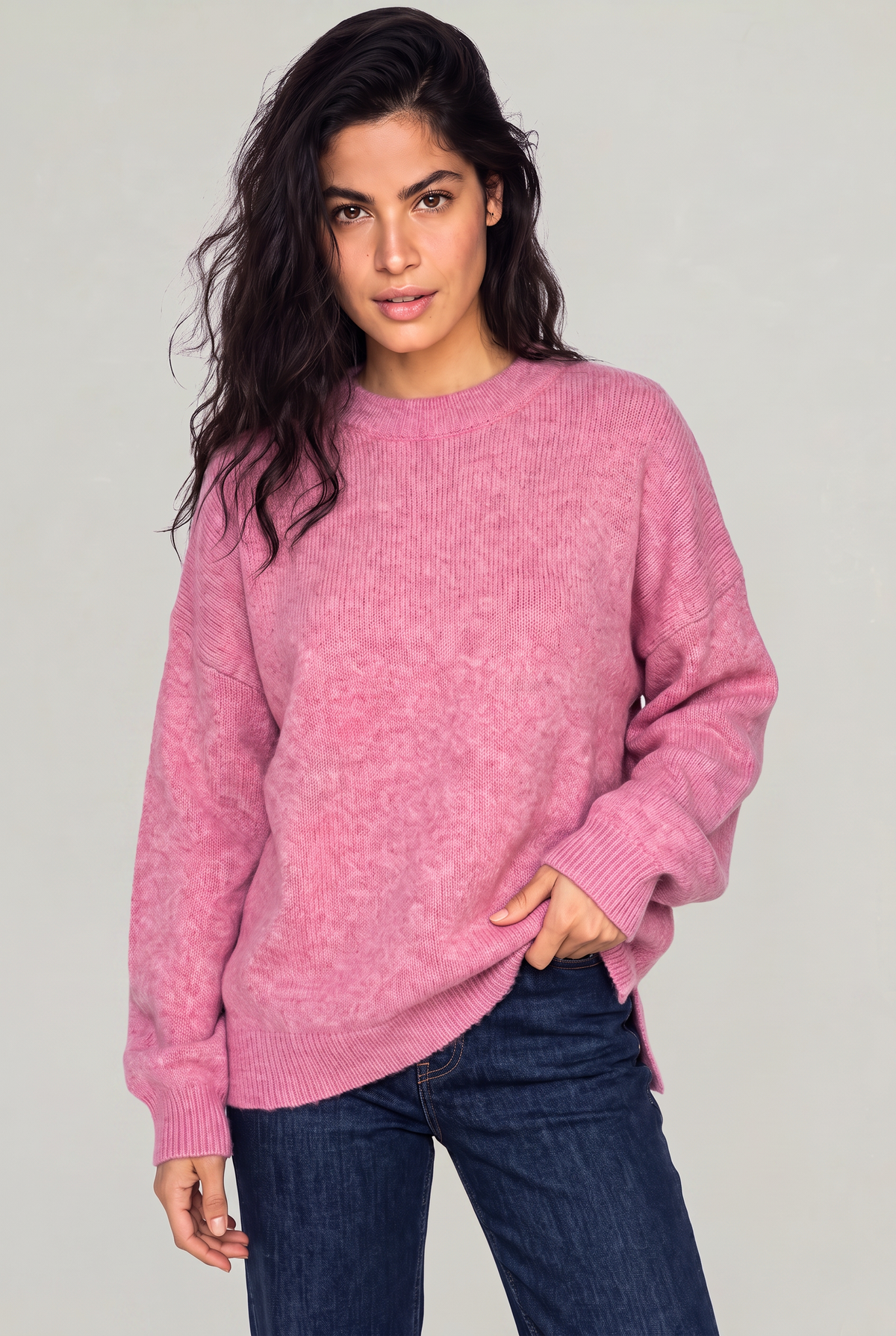 Damski Oversized Sweter Dziany – Sweter z Okrągłym Dekoltem i Opadającymi Ramionami