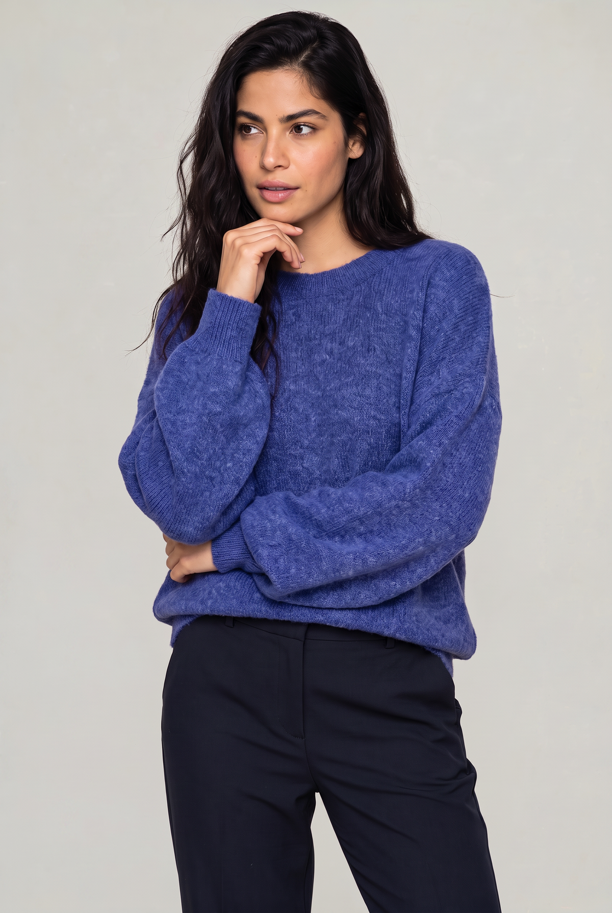 Damski Oversized Sweter Dziany – Sweter z Okrągłym Dekoltem i Opadającymi Ramionami
