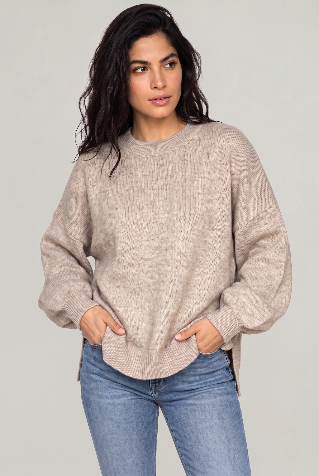 Damski Oversized Sweter Dziany – Sweter z Okrągłym Dekoltem i Opadającymi Ramionami