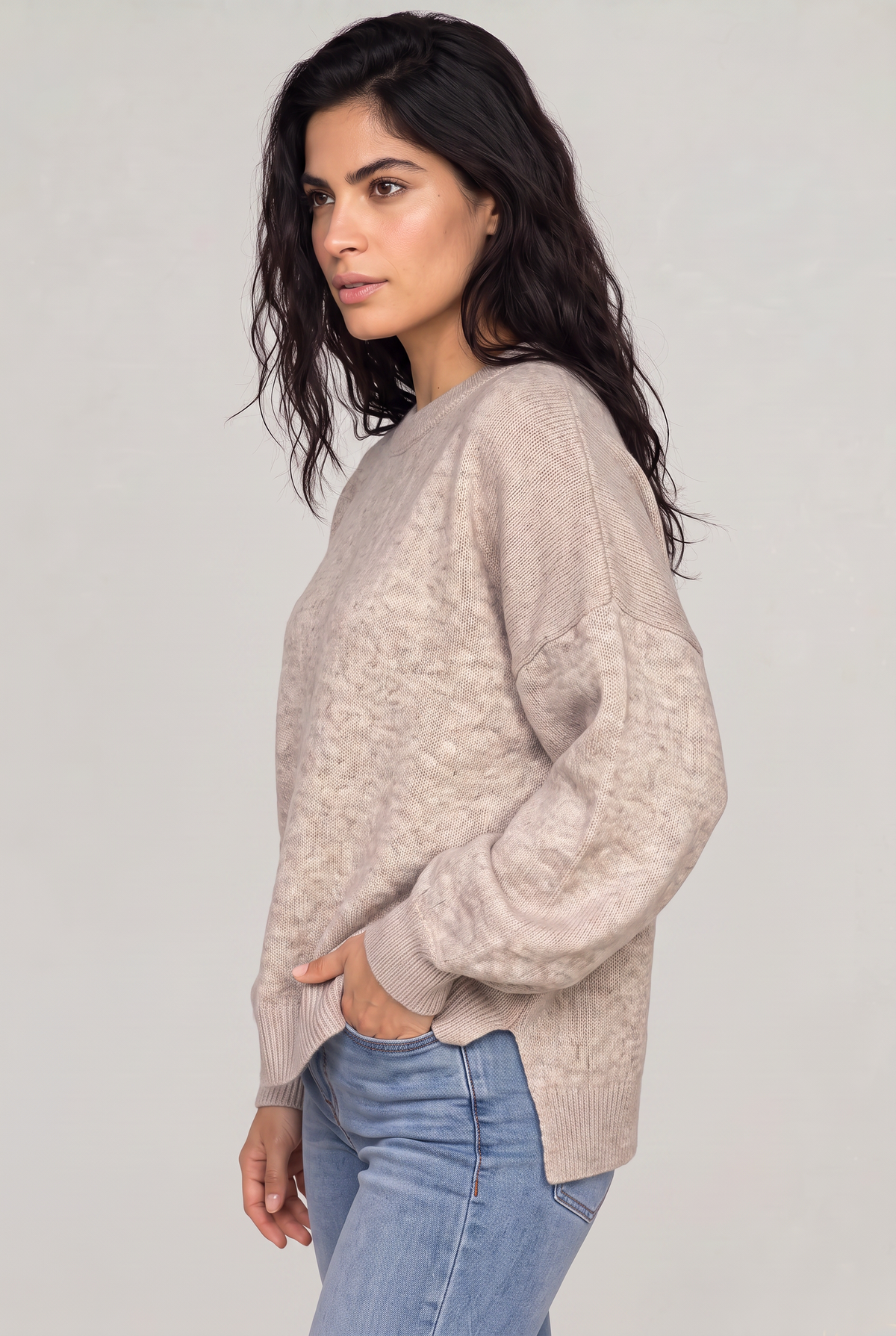 Damski Oversized Sweter Dziany – Sweter z Okrągłym Dekoltem i Opadającymi Ramionami
