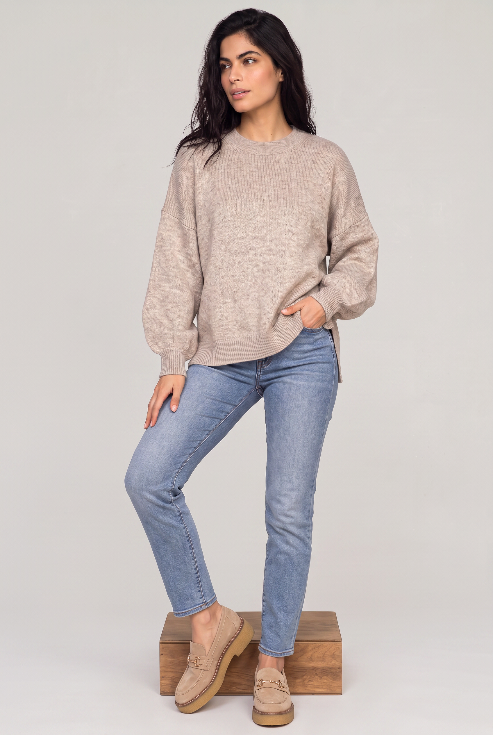 Damski Oversized Sweter Dziany – Sweter z Okrągłym Dekoltem i Opadającymi Ramionami