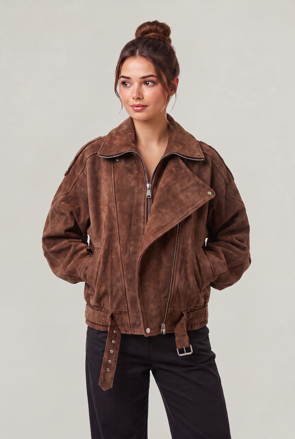 Kurtka damska z zamszu - Oversized Aviator na zamek