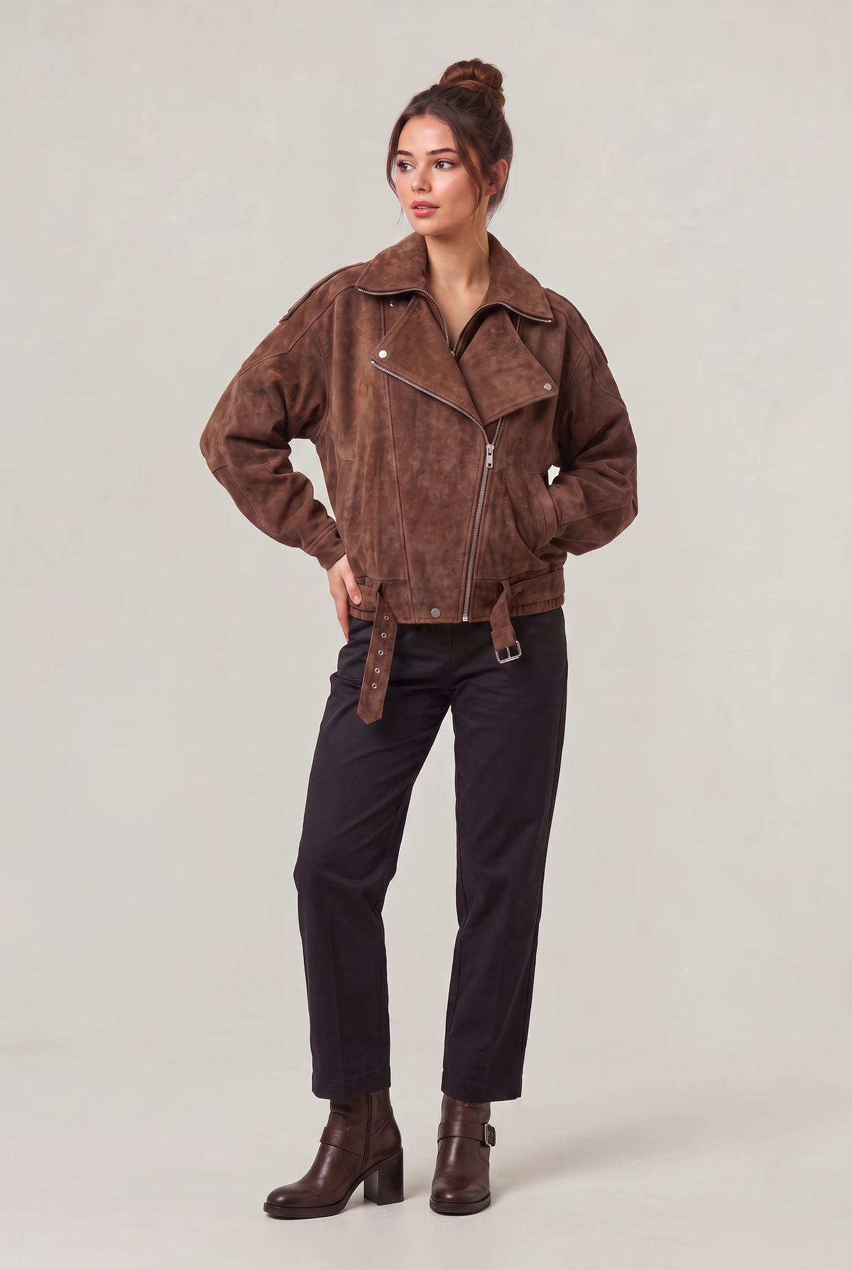 Kurtka damska z zamszu - Oversized Aviator na zamek