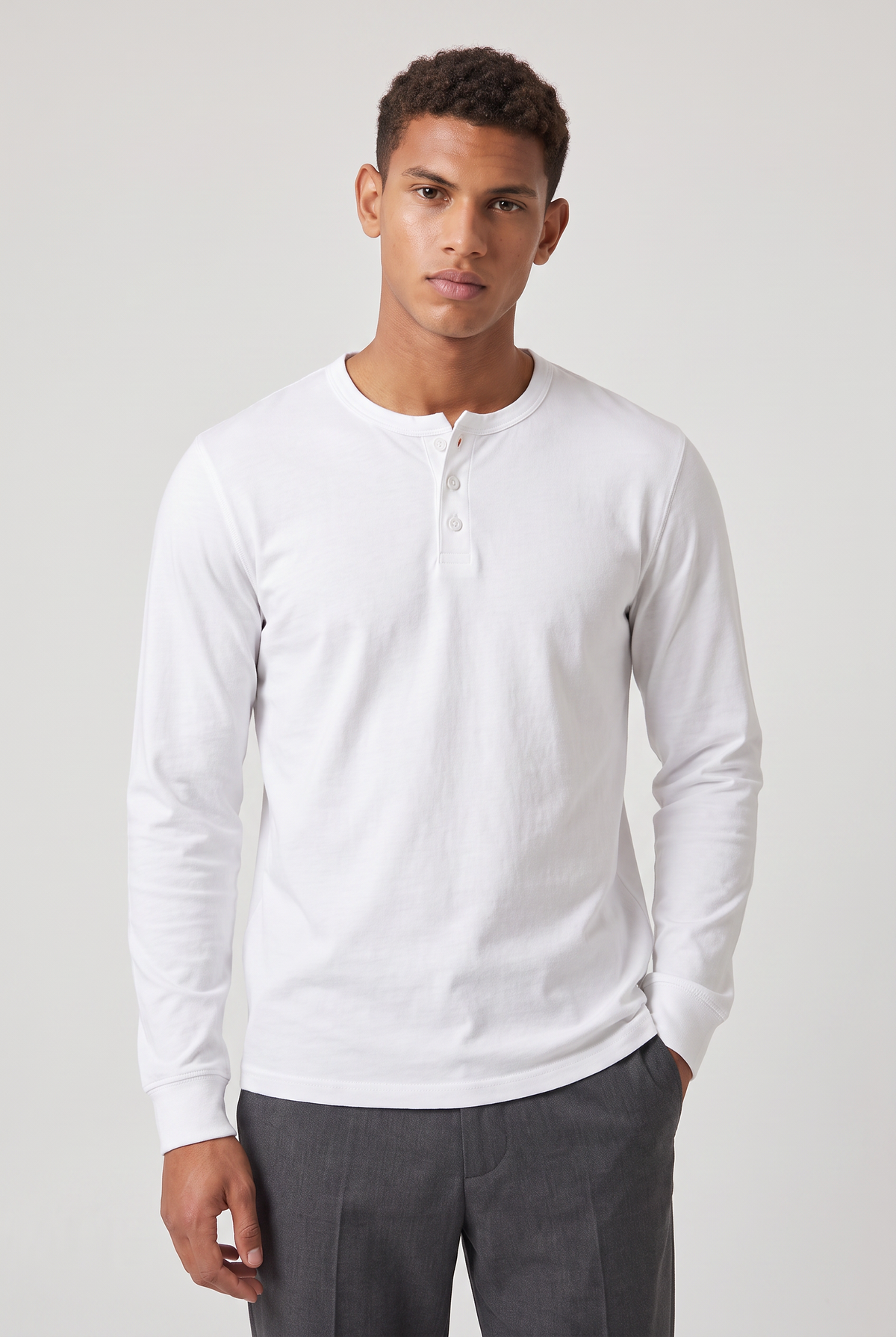 Męska koszula Henley z długim rękawem - Regular Fit, z guzikiem