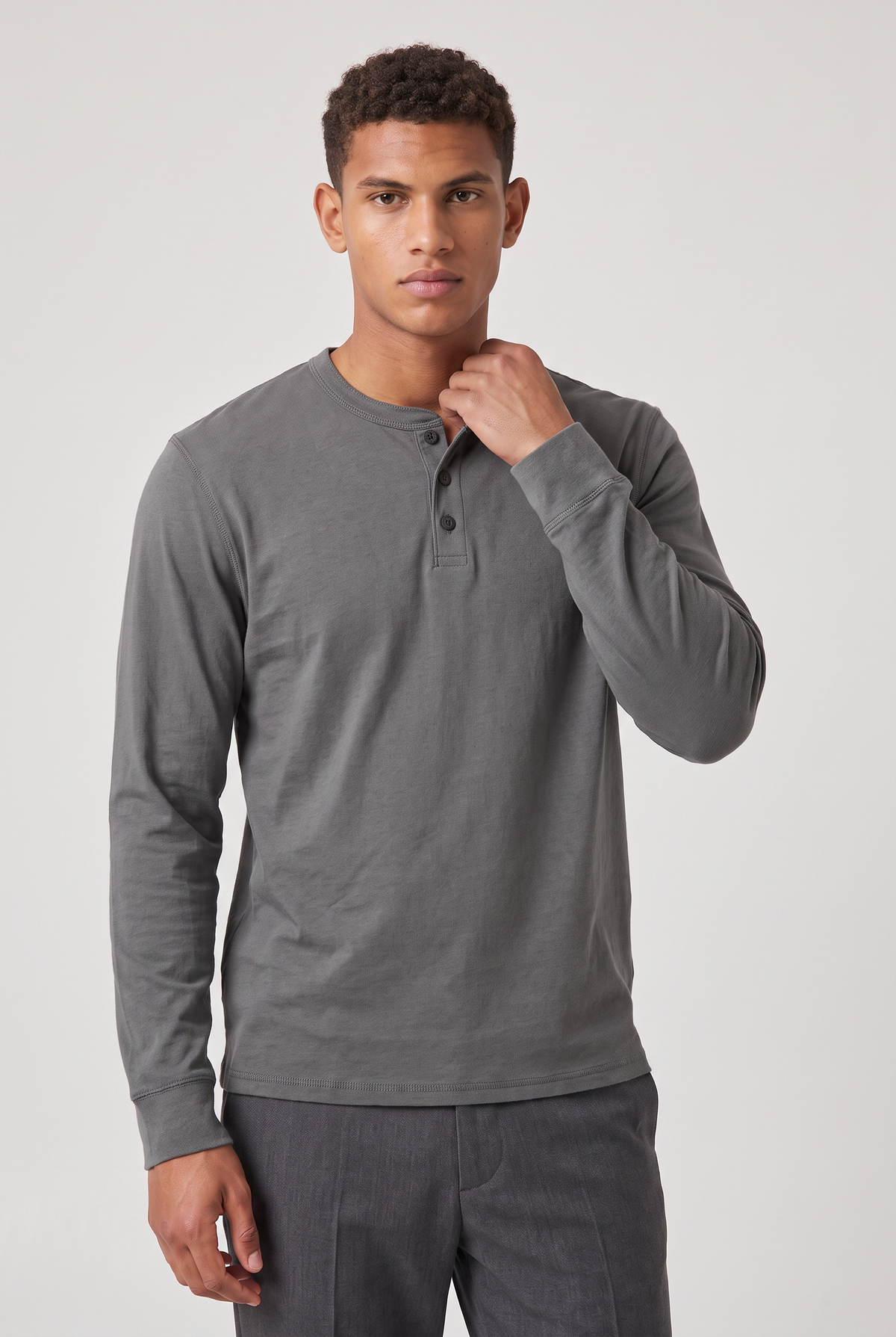 Męska koszula Henley z długim rękawem - Regular Fit, z guzikiem