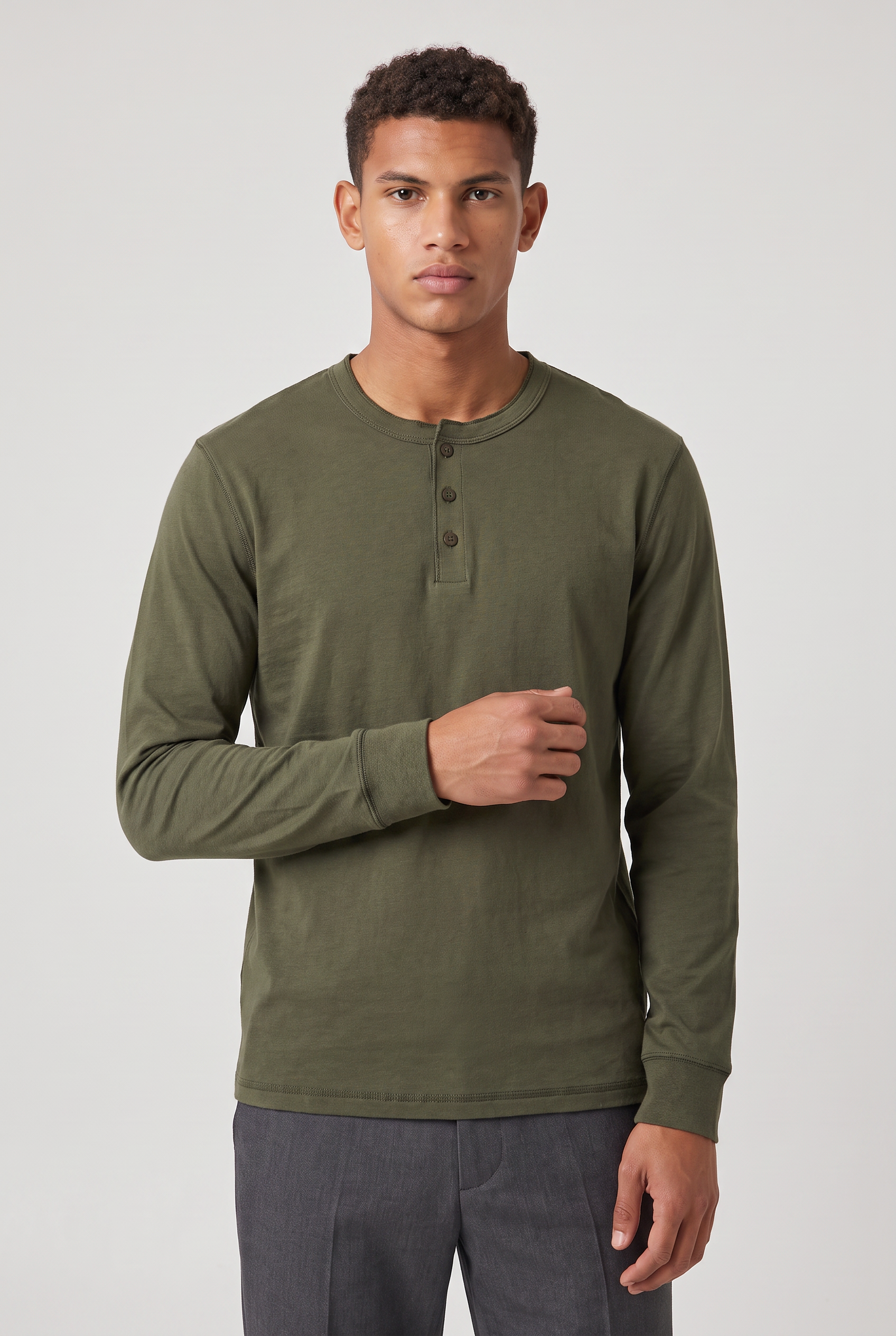 Męska koszula Henley z długim rękawem - Regular Fit, z guzikiem