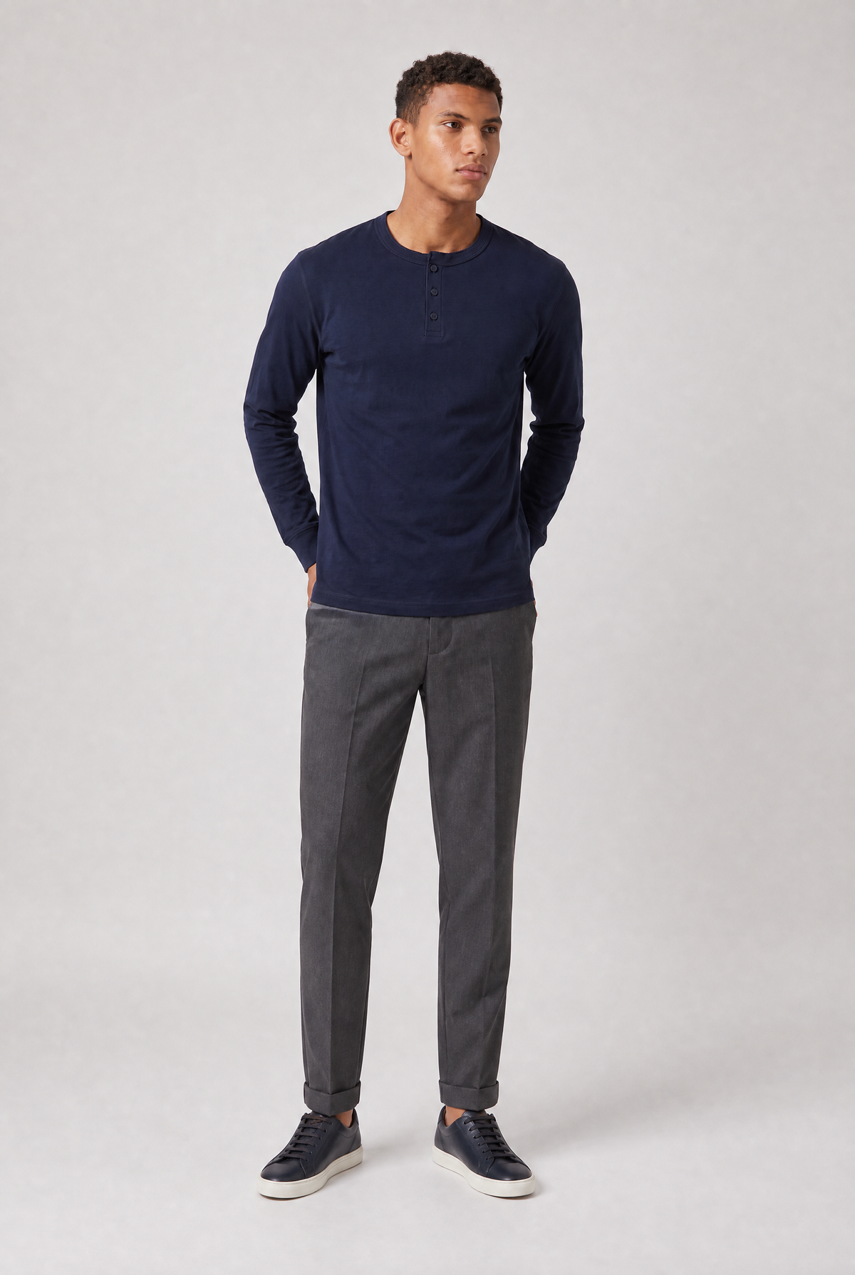 Męska koszula Henley z długim rękawem - Regular Fit, z guzikiem