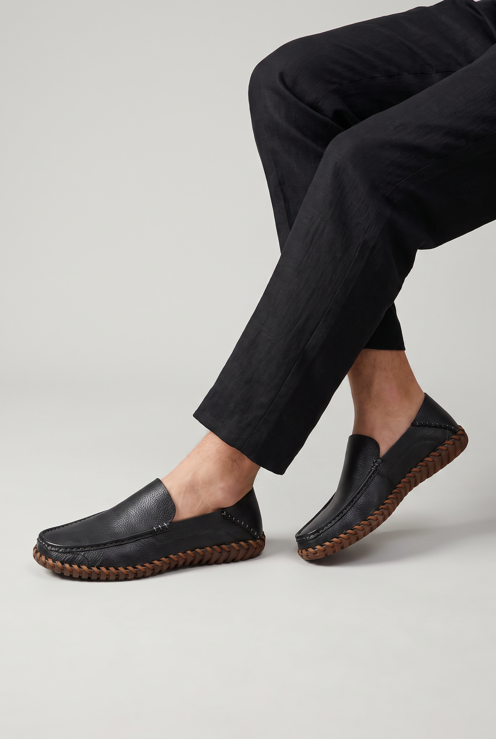 Męskie ręcznie szyte skórzane mokasyny - Okrągły nos, smart casual