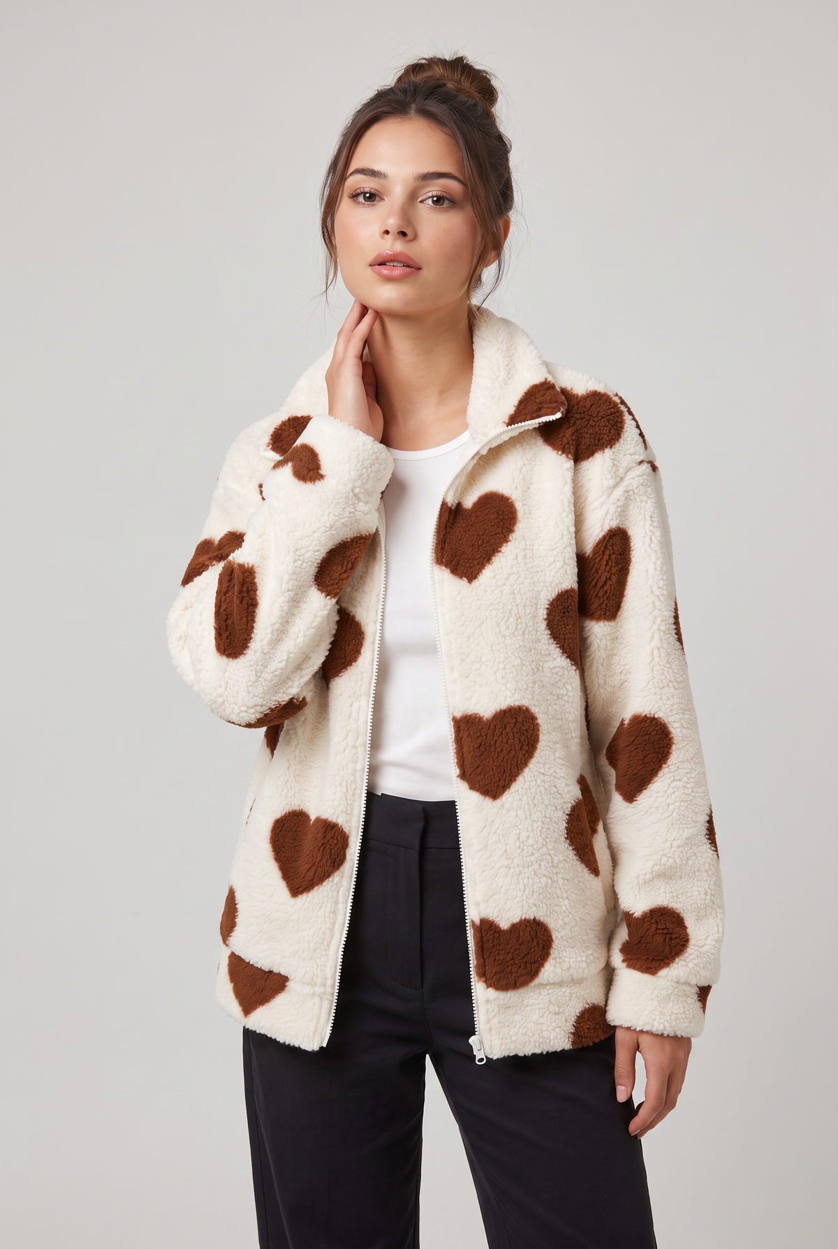 Kurtka Fleece Teddy z Wzorem Serca dla Kobiet