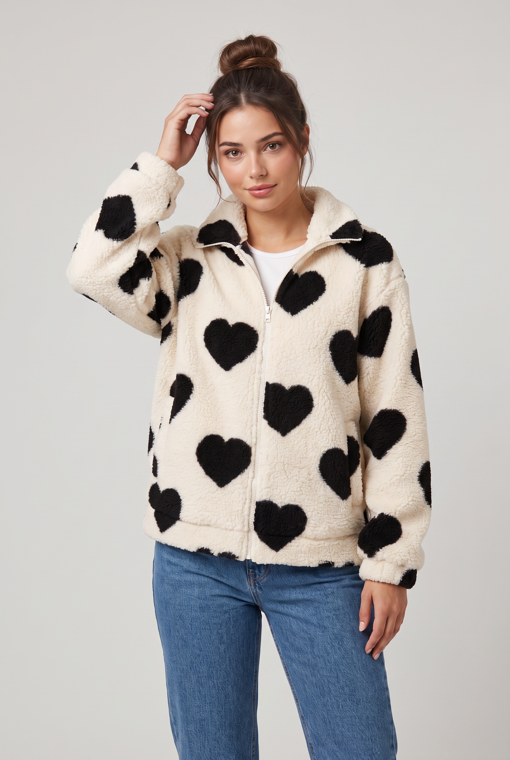 Kurtka Fleece Teddy z Wzorem Serca dla Kobiet