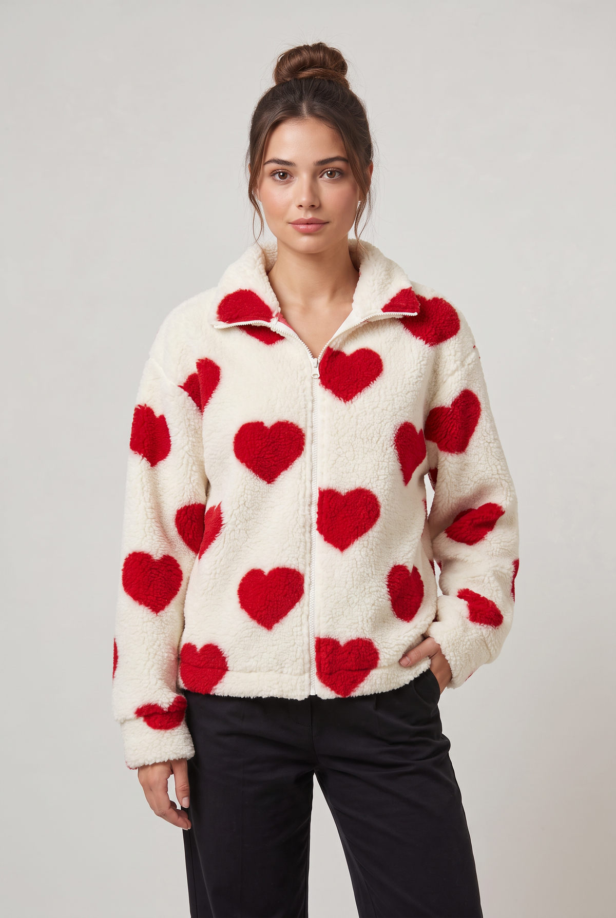 Kurtka Fleece Teddy z Wzorem Serca dla Kobiet