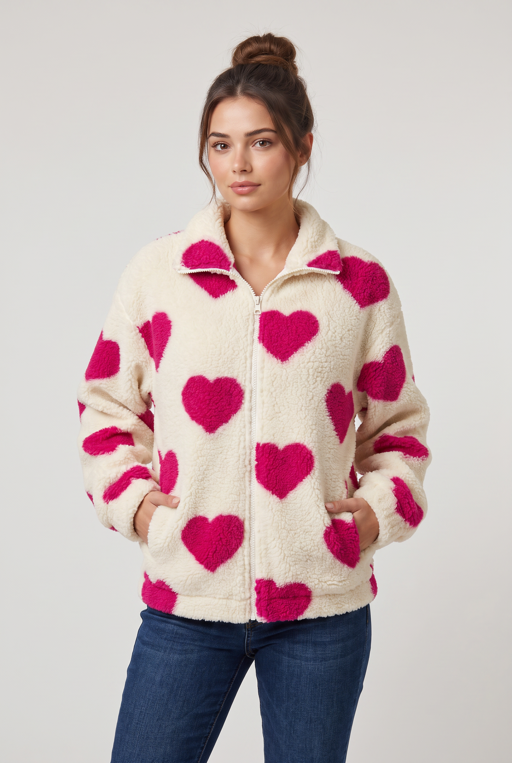Kurtka Fleece Teddy z Wzorem Serca dla Kobiet