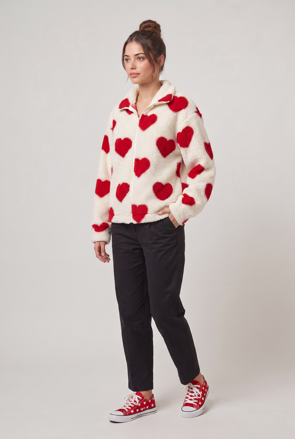 Kurtka Fleece Teddy z Wzorem Serca dla Kobiet