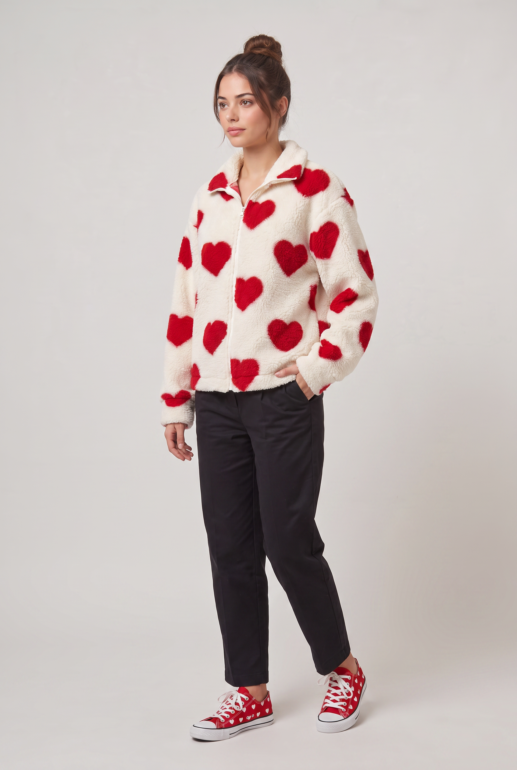 Kurtka Fleece Teddy z Wzorem Serca dla Kobiet