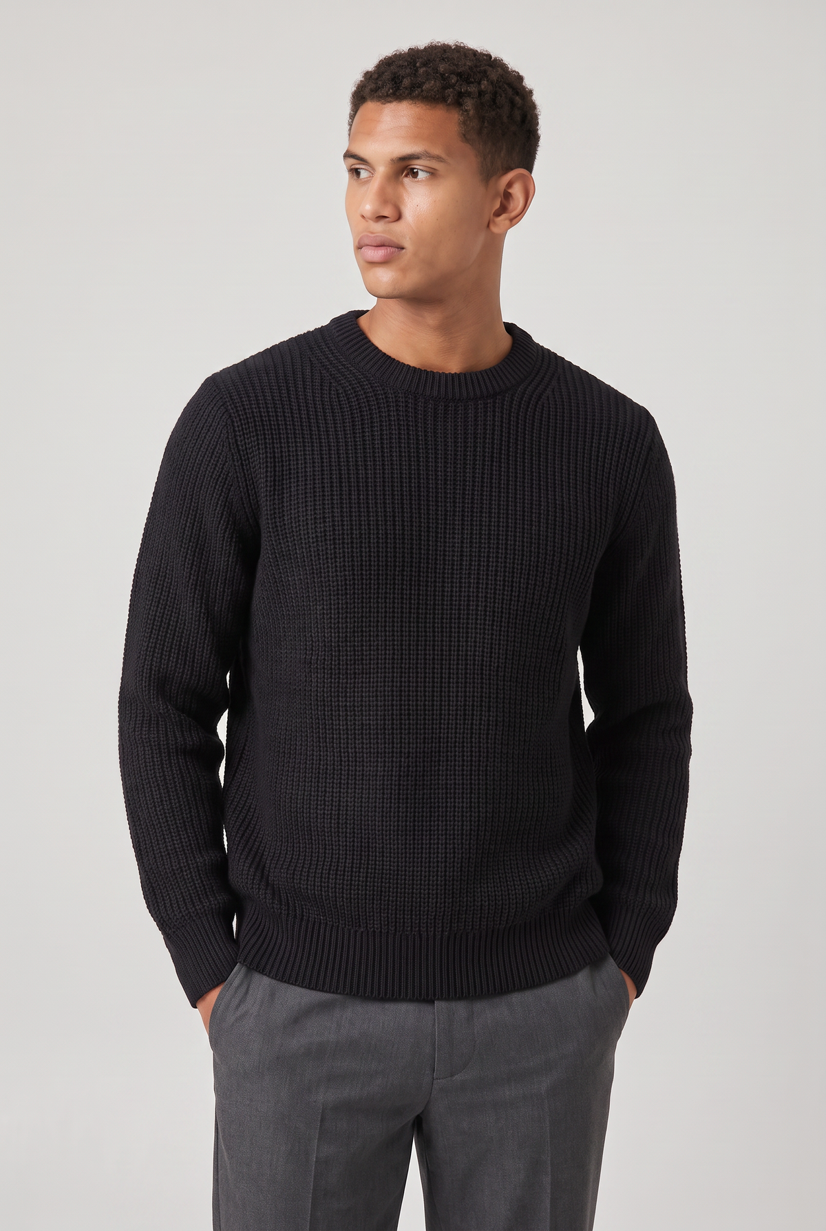 Męski Oversized Sweter z Prążkowanej Dzianiny - Sweter z Okrągłym Dekoltem