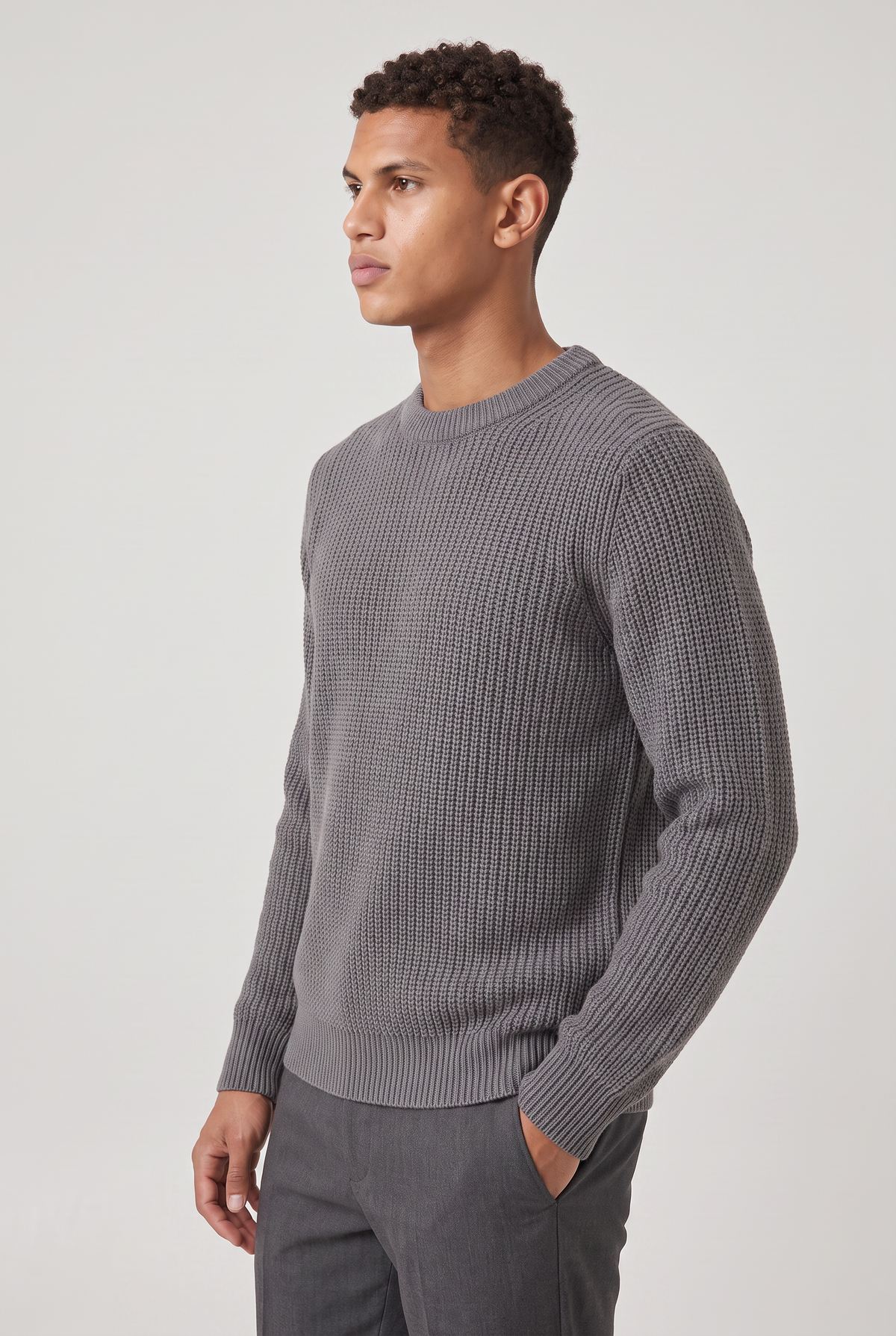 Męski Oversized Sweter z Prążkowanej Dzianiny - Sweter z Okrągłym Dekoltem