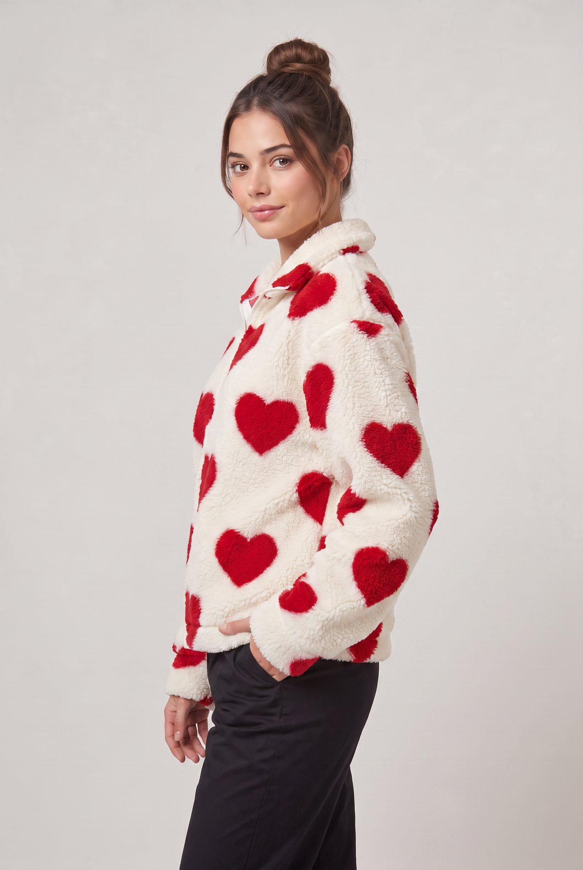 Kurtka Fleece Teddy z Wzorem Serca dla Kobiet
